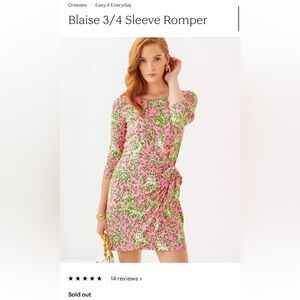 NWT Lilly Pulitzer Blaise 3/4 Sleeve Romper; Rousseau Pink Mane Character Energy
